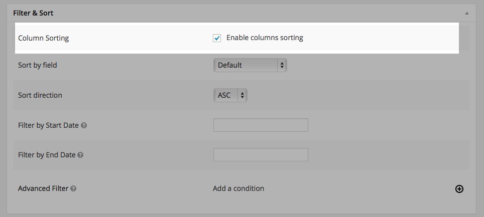 Column sorting settings interface with options for field, direction, and date filters