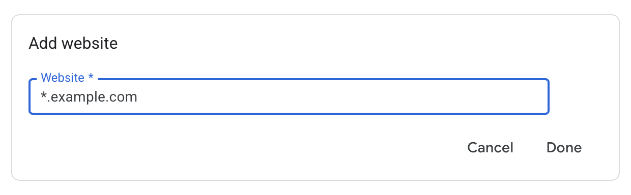 Dialog box to add a website with input field for domain and buttons for Cancel and Done