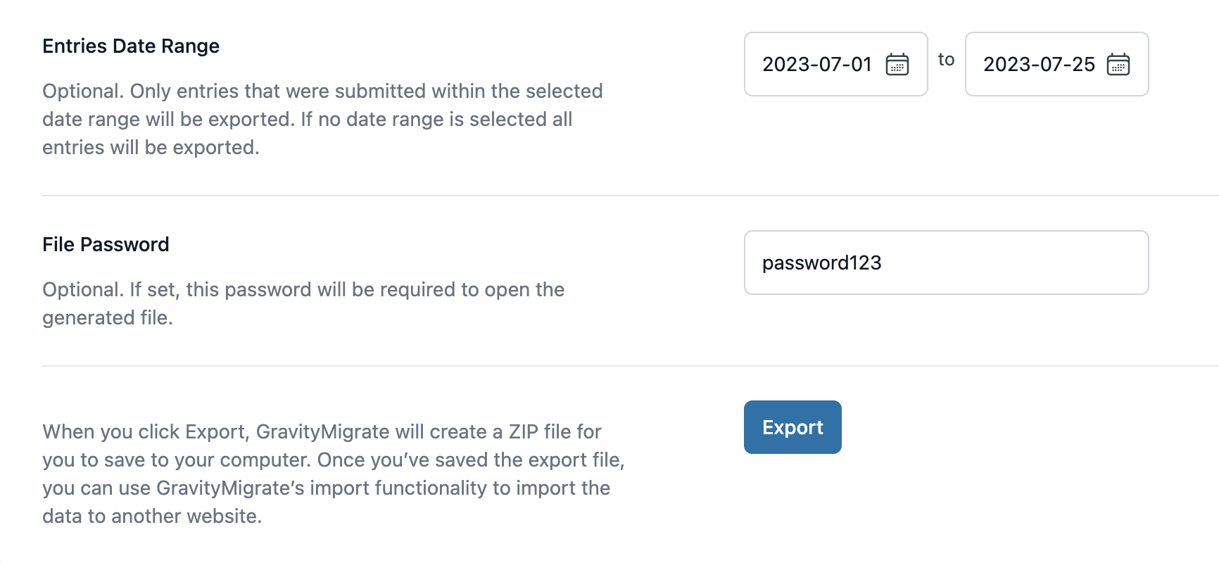Set export date range and file password in GravityMigrate before clicking Export to download a ZIP file