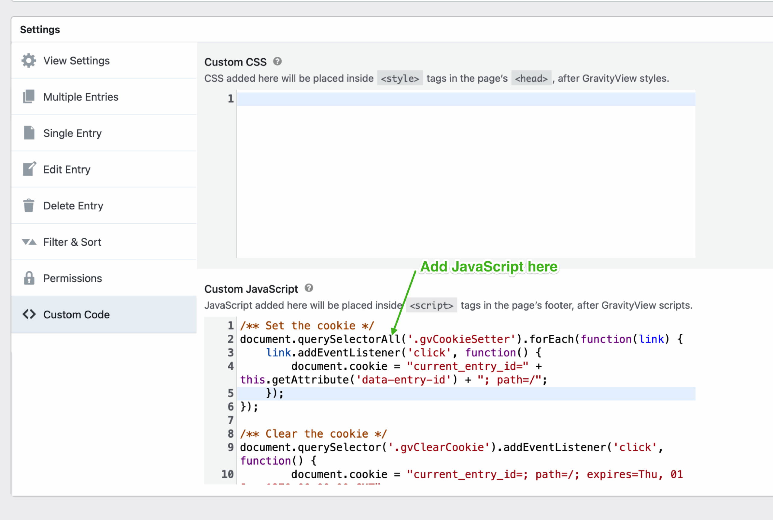 Settings panel for adding custom CSS and JavaScript to set or clear cookies in GravityView