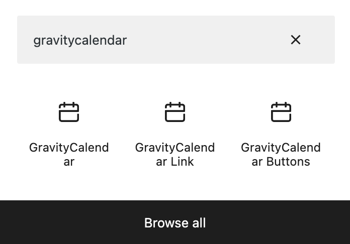 Search bar with "gravitycalendar" and results: GravityCalendar, Link, Buttons. Options to browse all