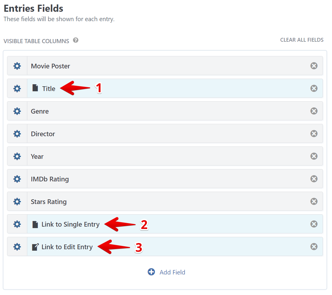 Entries Fields list displaying editable fields like Title, Genre, and links to entry and edit entry in a modal
