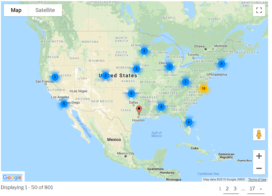Interactive map showing distribution of multiple locations across the United States with pagination controls