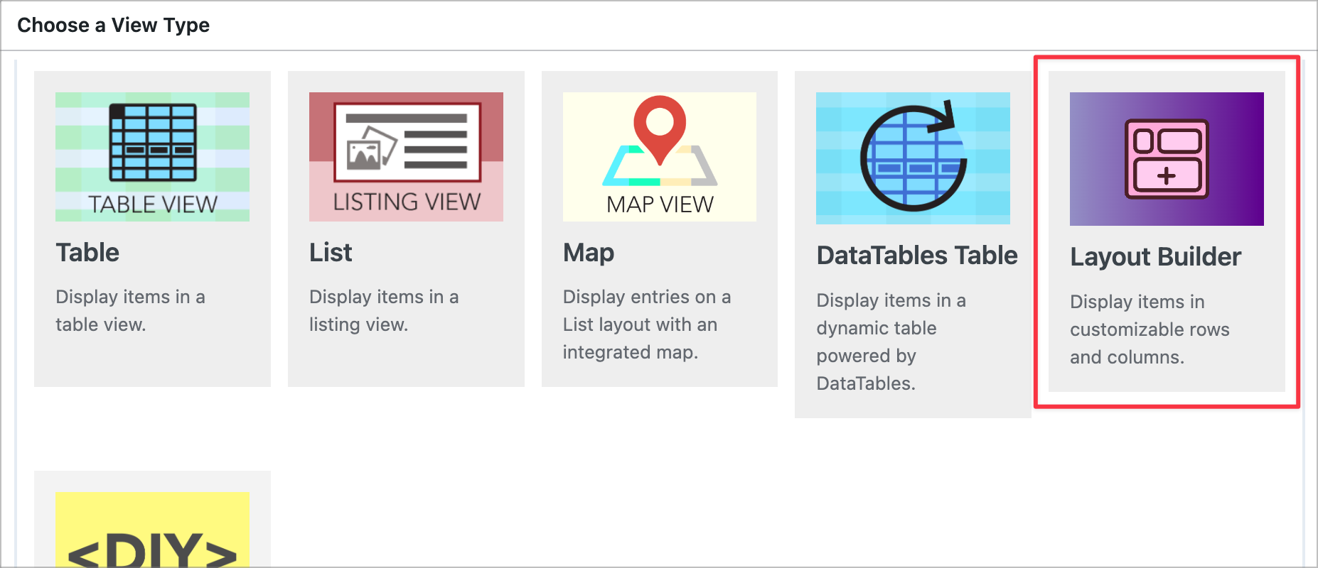 Layout Builder selected for arranging items in customizable rows and columns