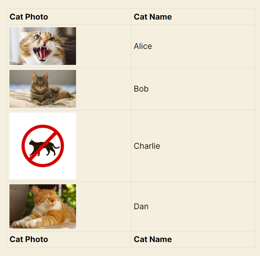 Table with cat names. Placeholder icon used when photos are unavailable