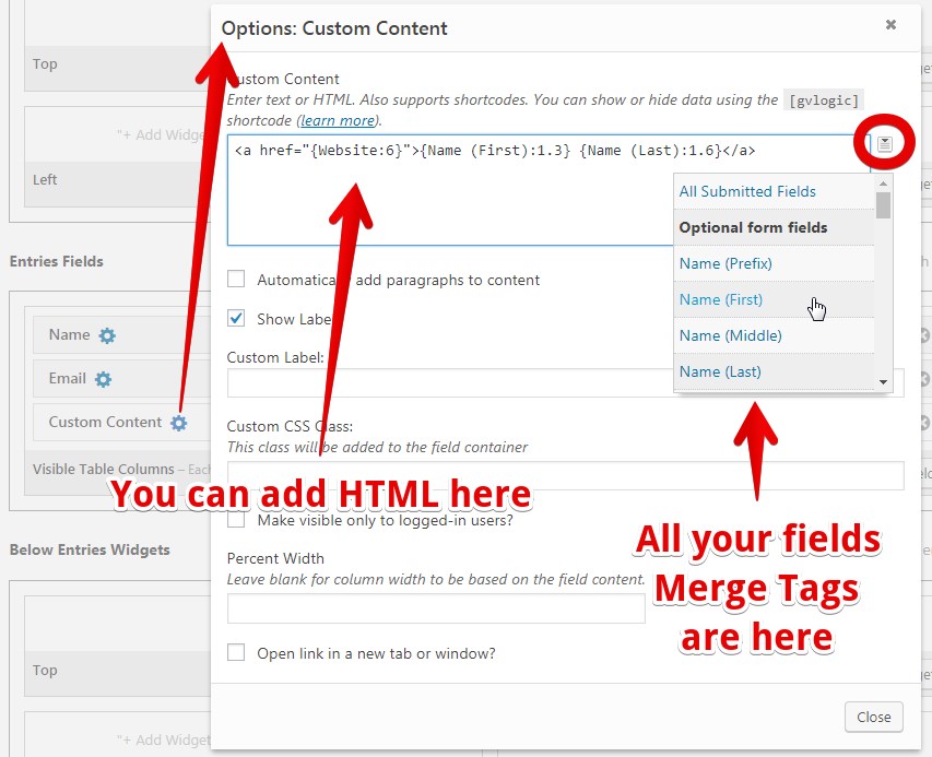 Add a hyperlink to a column using HTML and merge tags from optional form fields