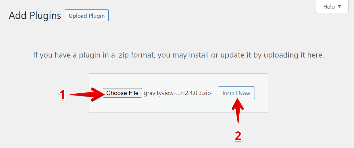 Upload .zip plugin file by clicking "Choose File," then click "Install Now" button to install plugin
