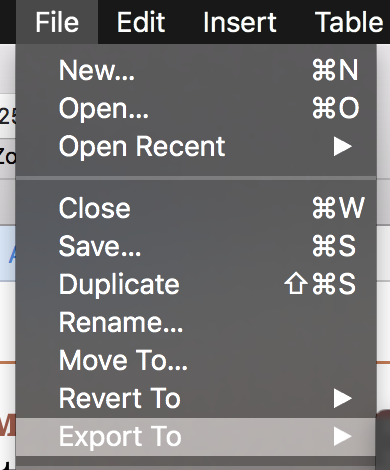 Apple Numbers File menu with "Export To" option highlighted