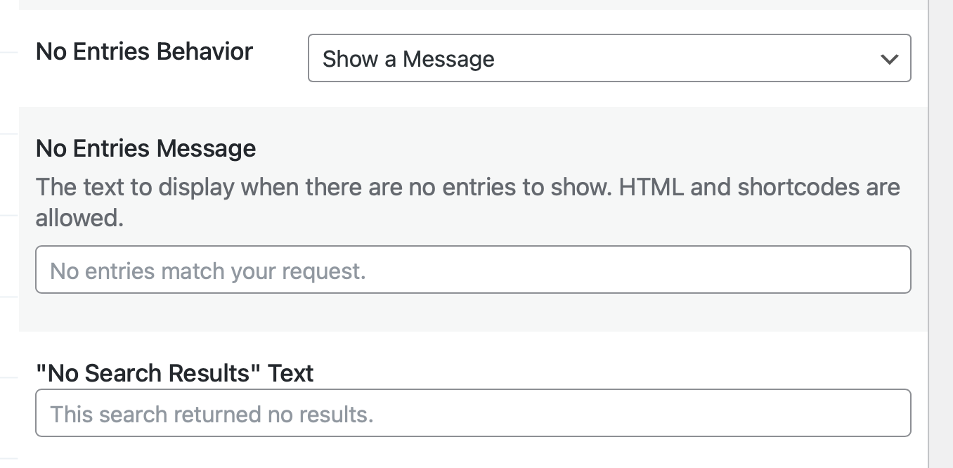 Settings for displaying messages for no entries or search results in GravityView