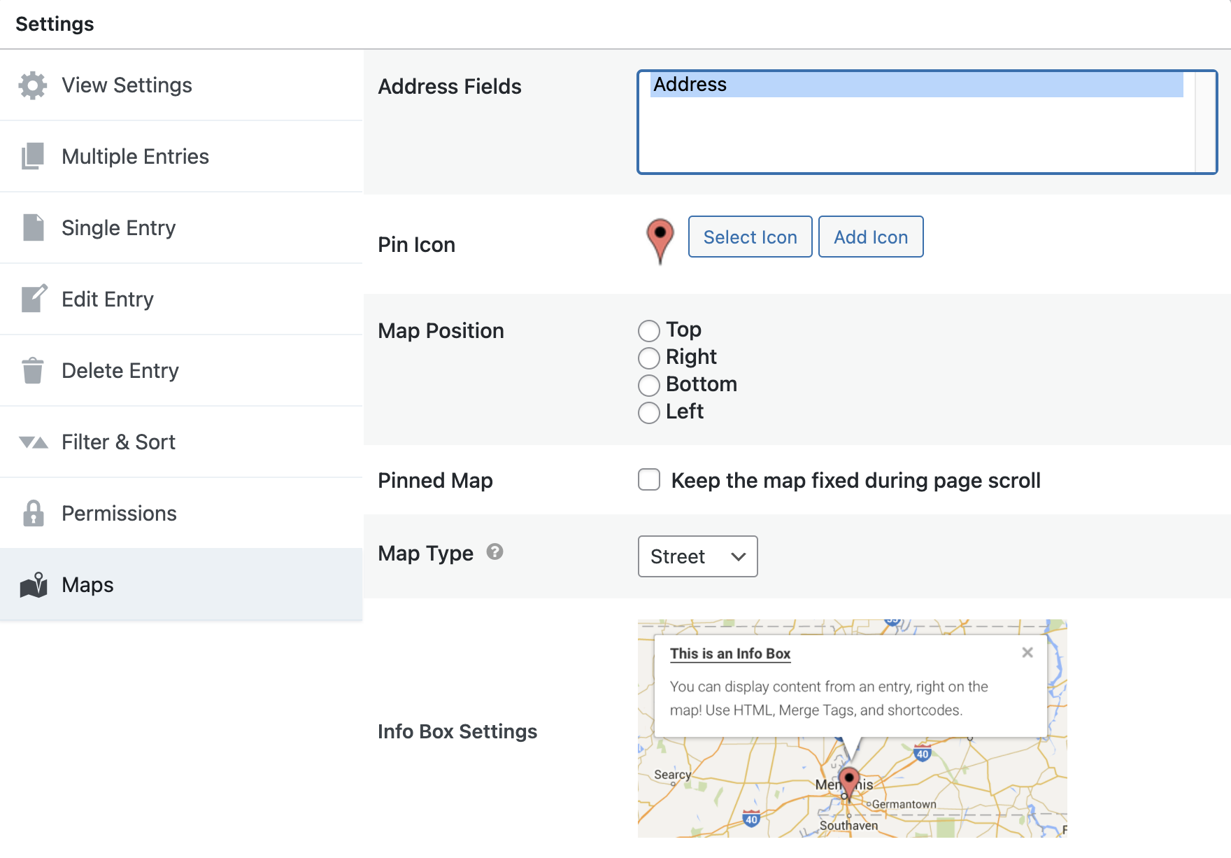 Settings menu for map layout: configure address fields, pin icon, map position, map type, and info box settings