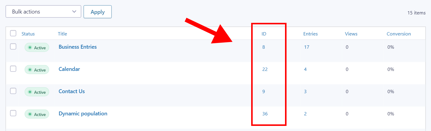 Dashboard listing forms with IDs emphasized for calculation reference