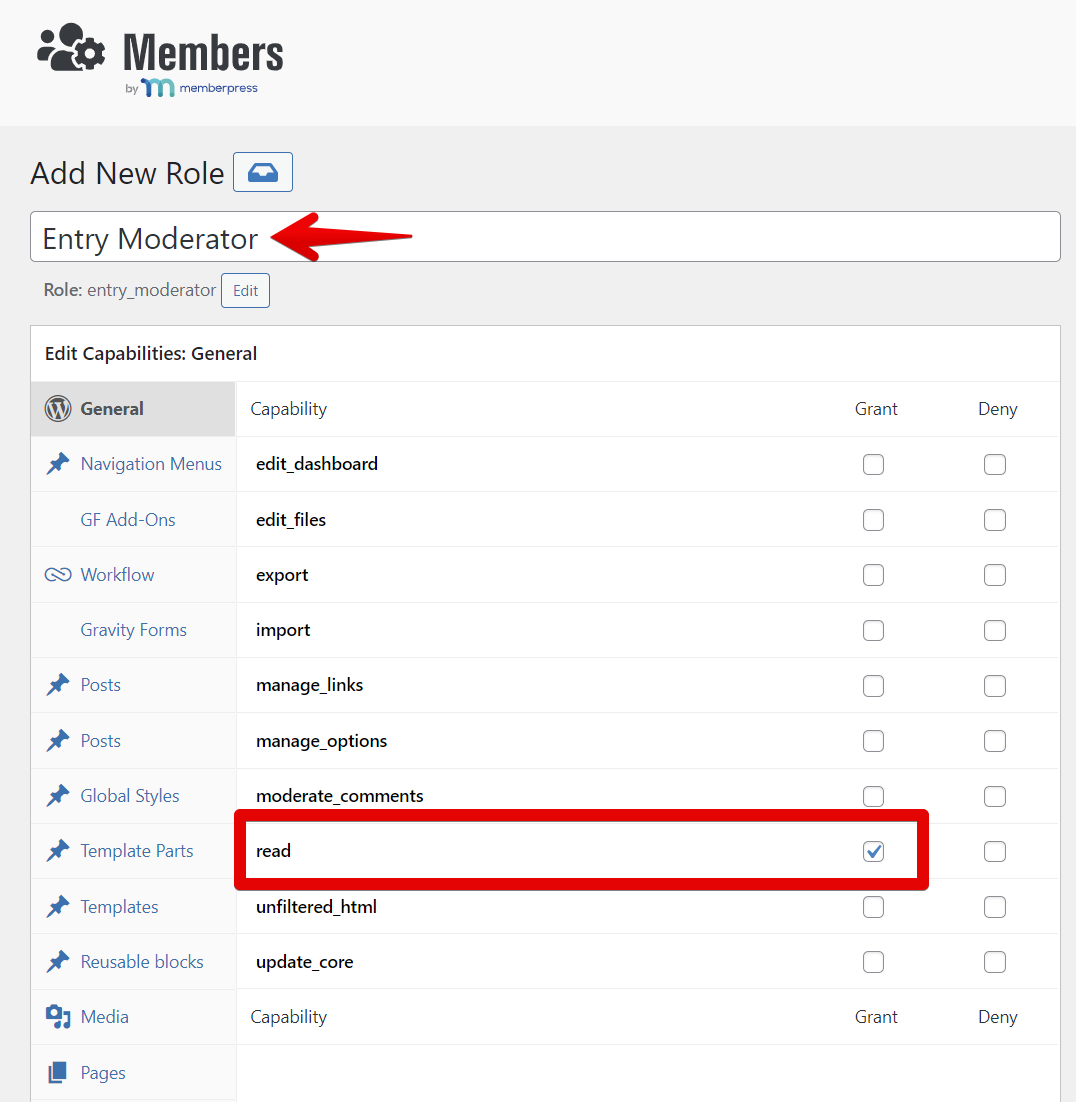 Entry Moderator role setup with capability options, "read" permission granted