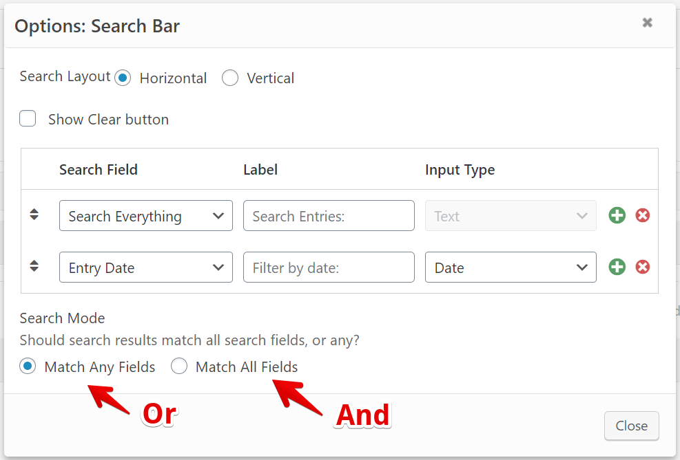 Search bar settings with options for matching any field (OR) or all fields (AND)