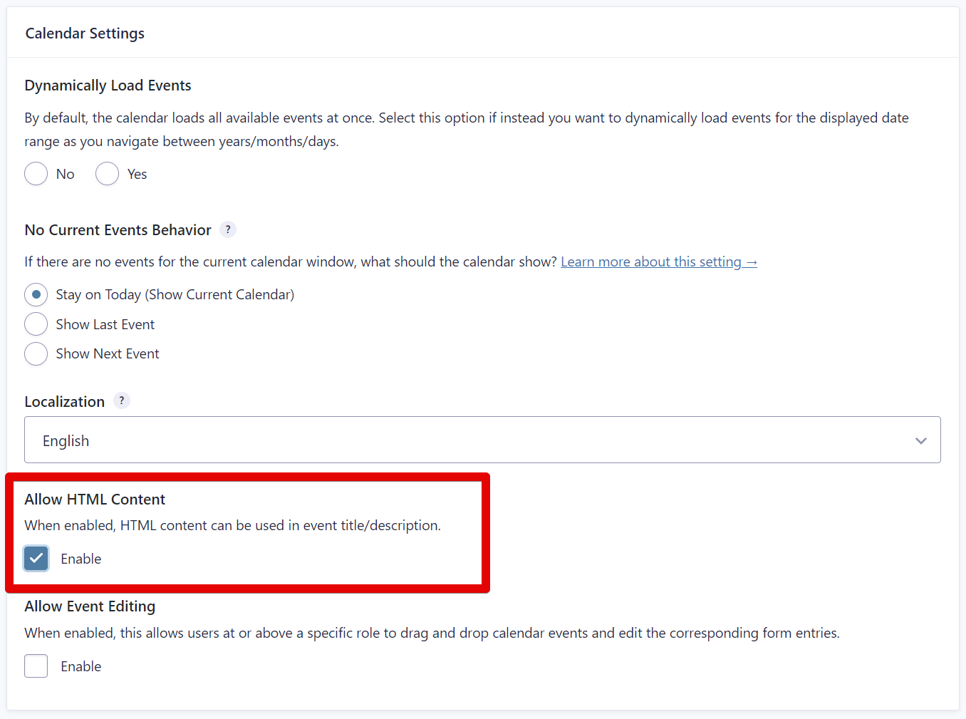 Calendar settings menu with an option to enable HTML content in event titles and descriptions
