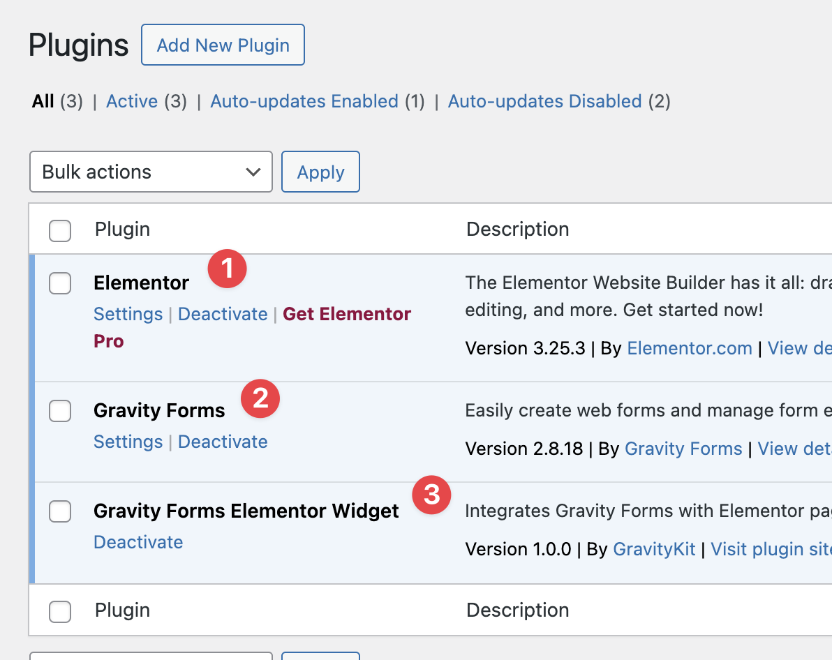 Plugins page listing Elementor, Gravity Forms, and Gravity Forms Elementor Widget with options to activate or deactivate