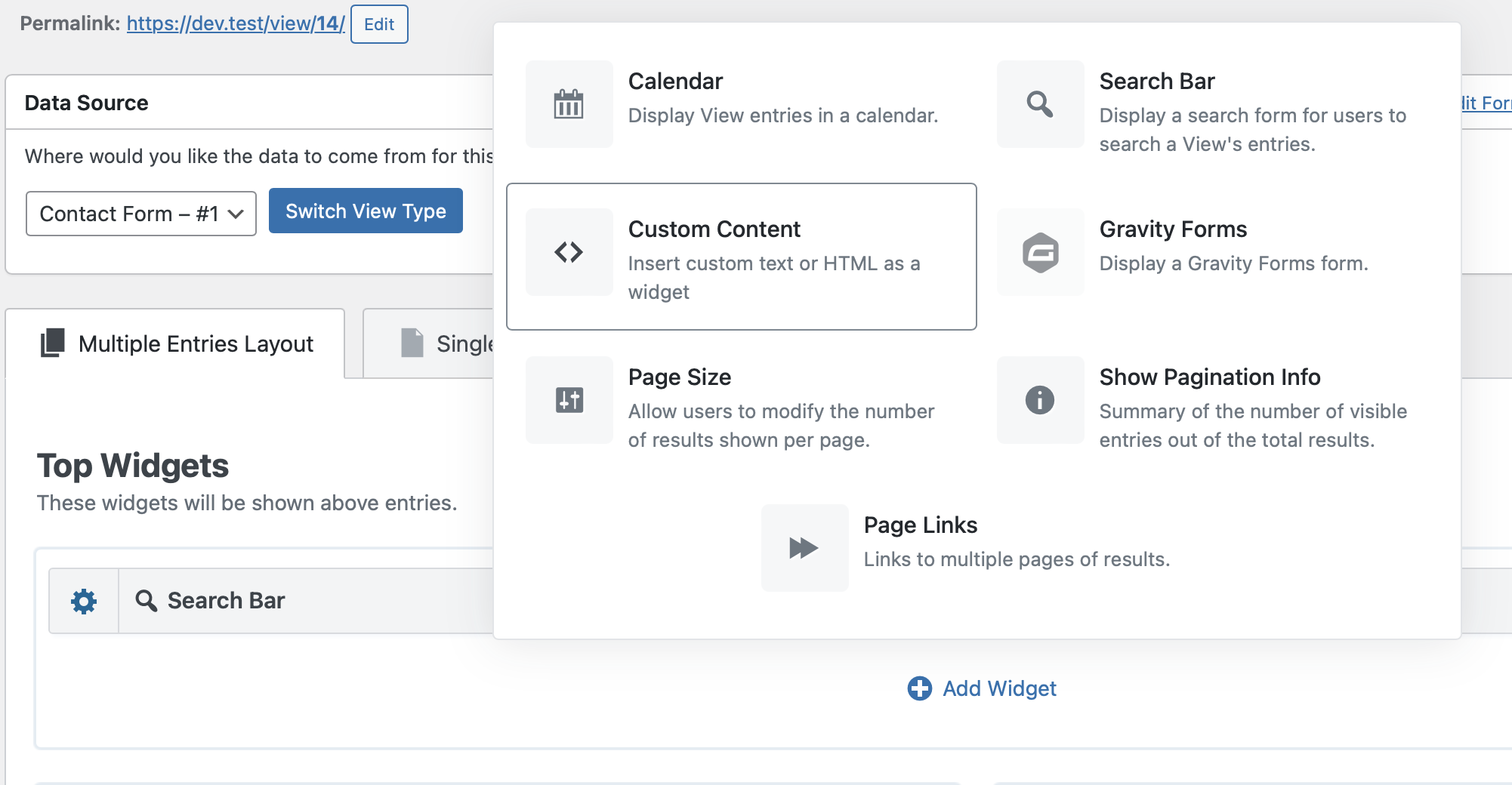 Widgets menu with options for Calendar, Custom Content, Search Bar, Gravity Forms, Page Size, Show Pagination