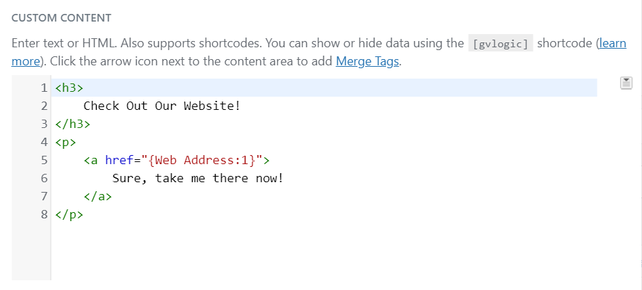 HTML editor with code for a website link using custom content field and shortcodes