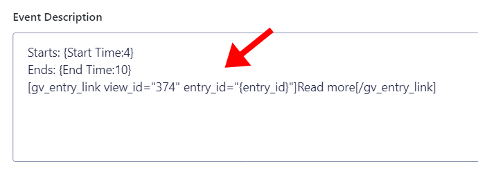 Event template showing start and end time fields with an entry link code example