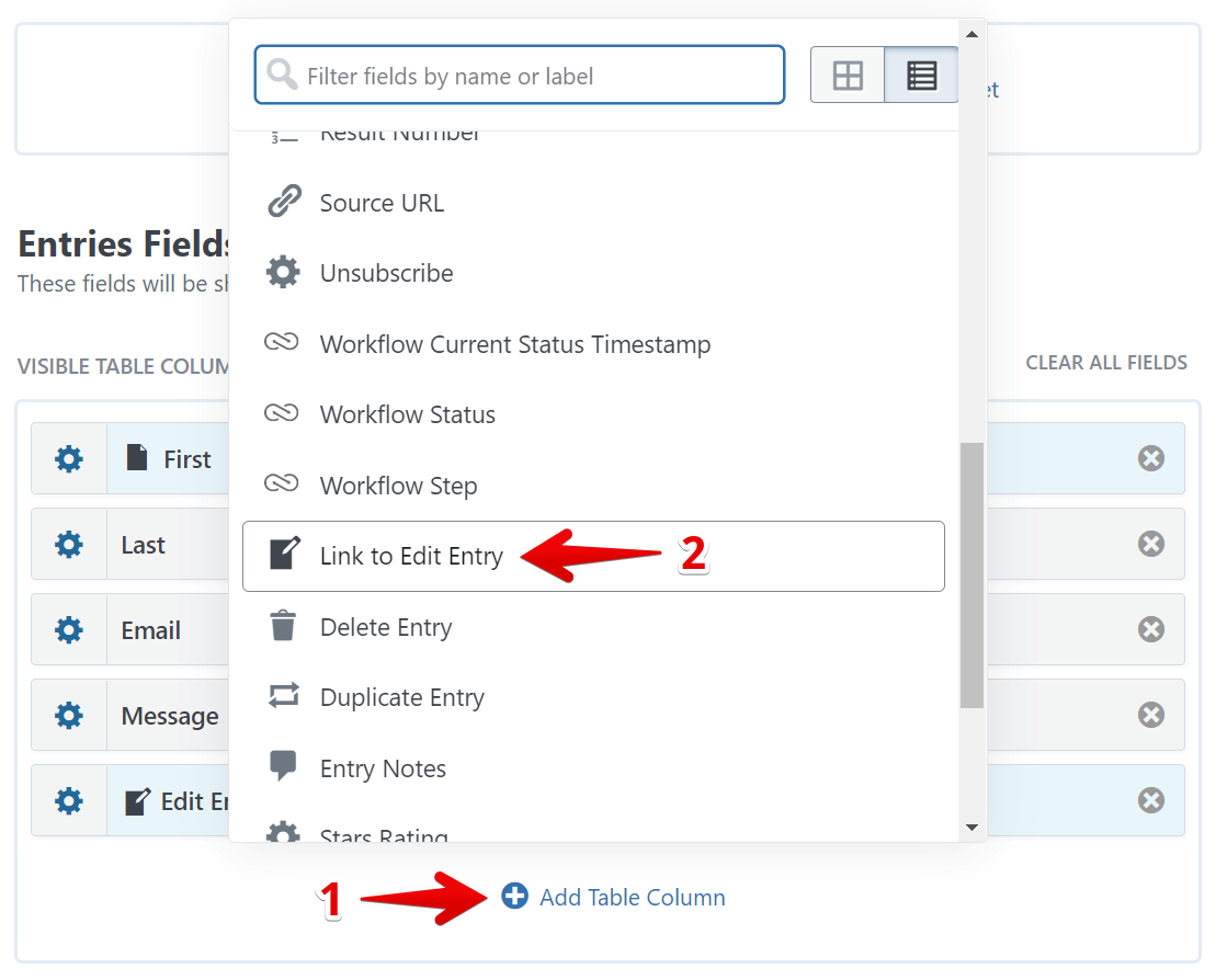 Options menu allows users to add a "Link to Edit Entry" column in the table