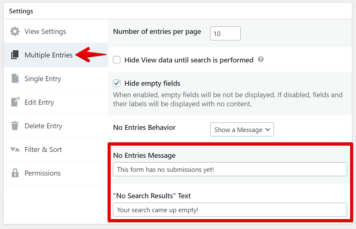 Settings for modifying "No Entries" and "No Search Results" messages in a form