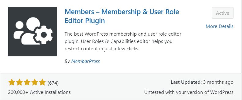 Members plugin for WordPress, restricts content. Shows ratings, installs, and update status
