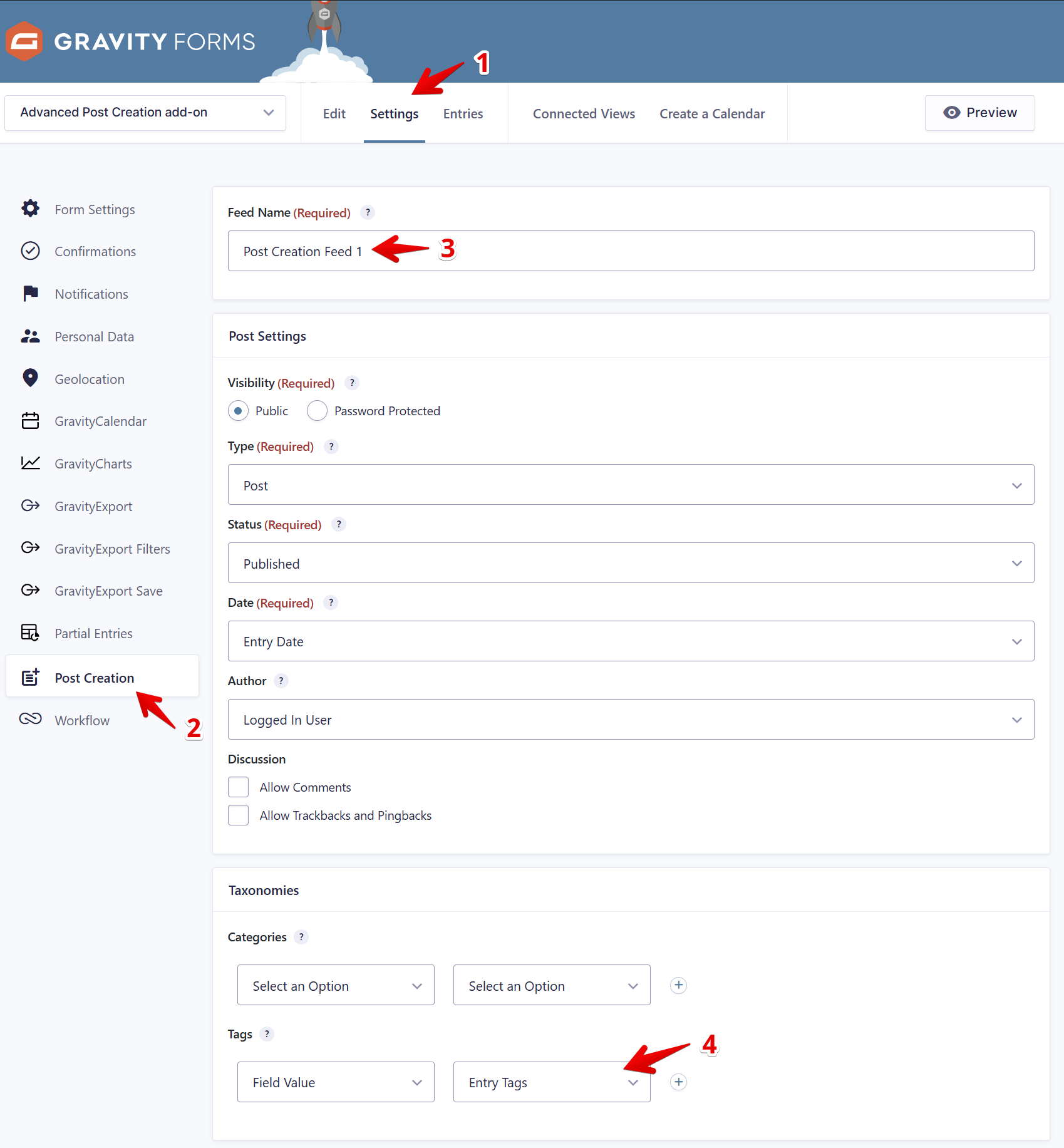 Settings screen in Gravity Forms showing Post Creation and Entry Tags options