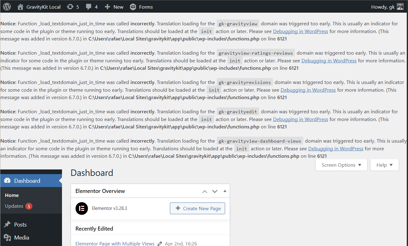 WordPress admin dashboard with multiple "Function _load_textdomain_just_in_time was called incorrectly" notices displayed
