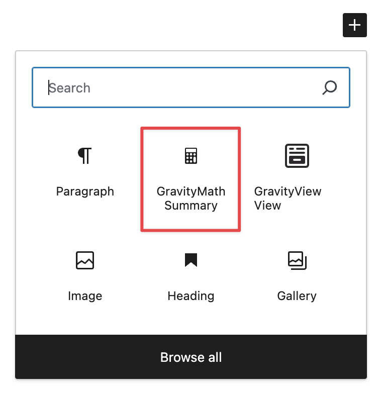 Block editor interface showing 'GravityMath Summary' block selection