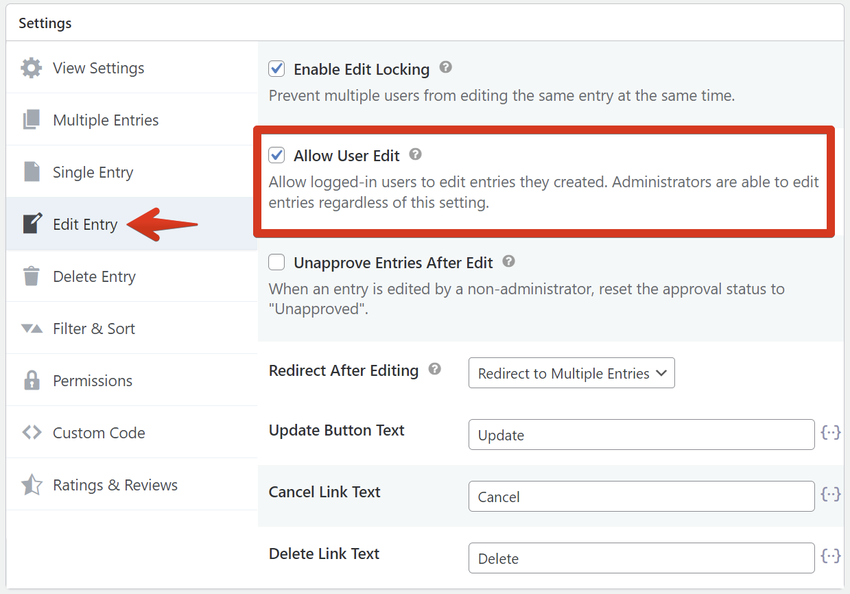 "Settings for enabling user editing of entries, with options for locking edits and post-edit redirection."