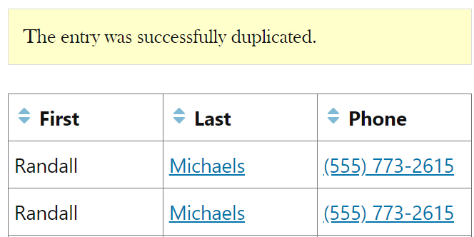 Entry duplication confirmed; displays duplicate contact details: name and phone number in a table
