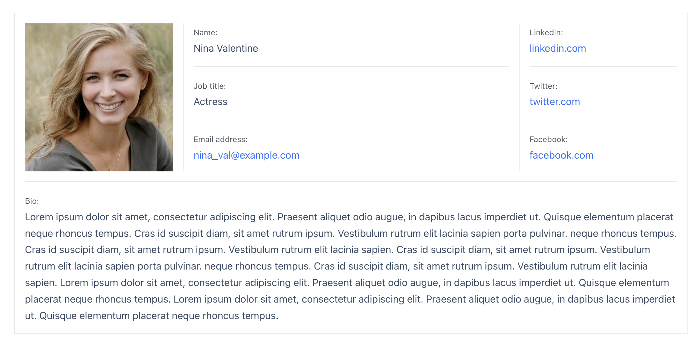 Profile page showing a user's name, occupation, email, social media links, and a placeholder bio text