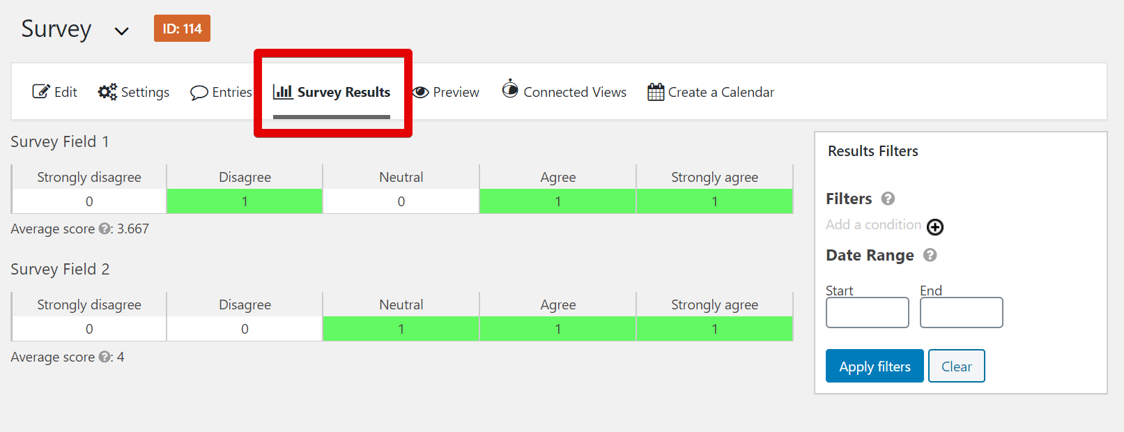 Survey results showing response distribution and average score for two survey fields, with filter options