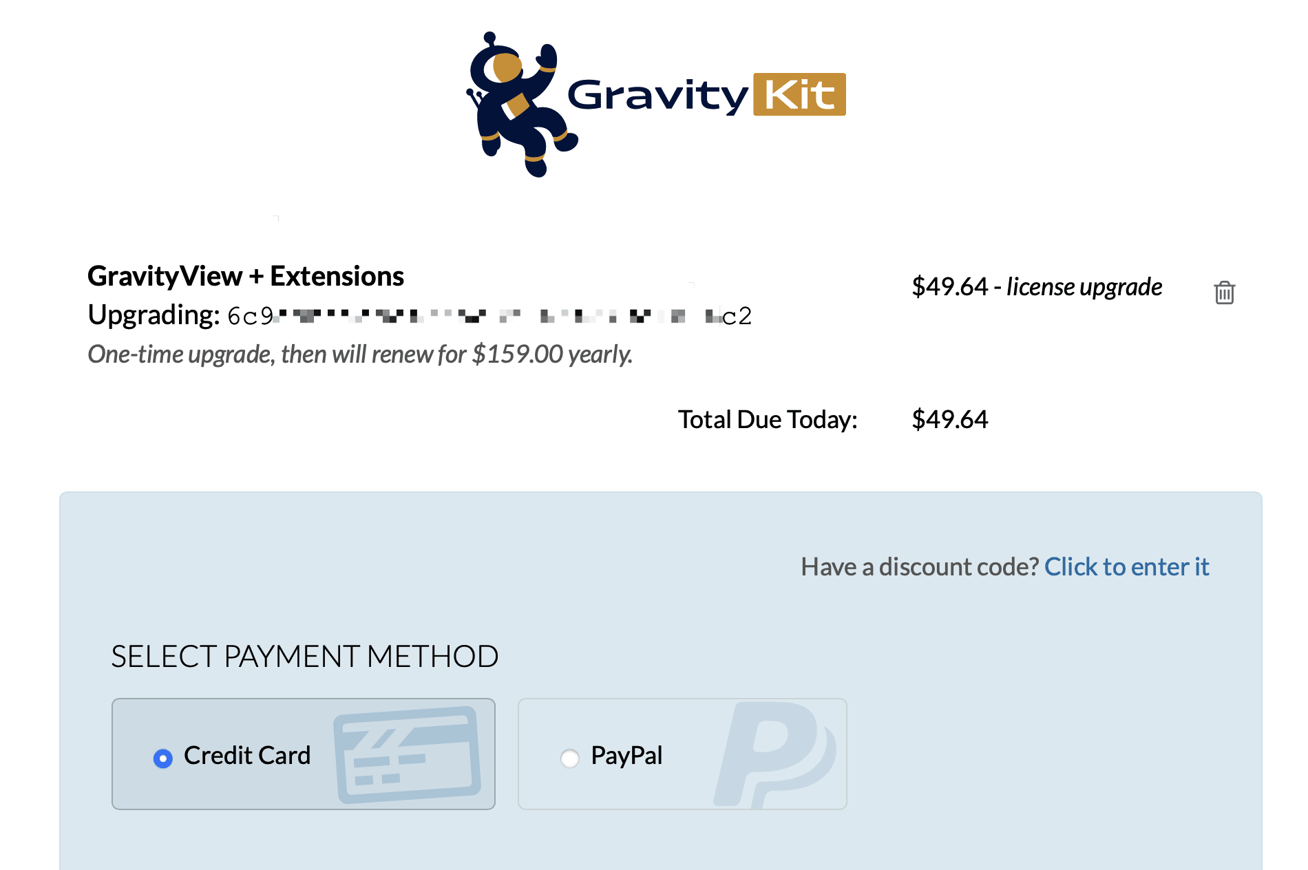 Upgrade summary with $49.64 due today. Choose payment: Credit Card or PayPal. Option to enter a discount code