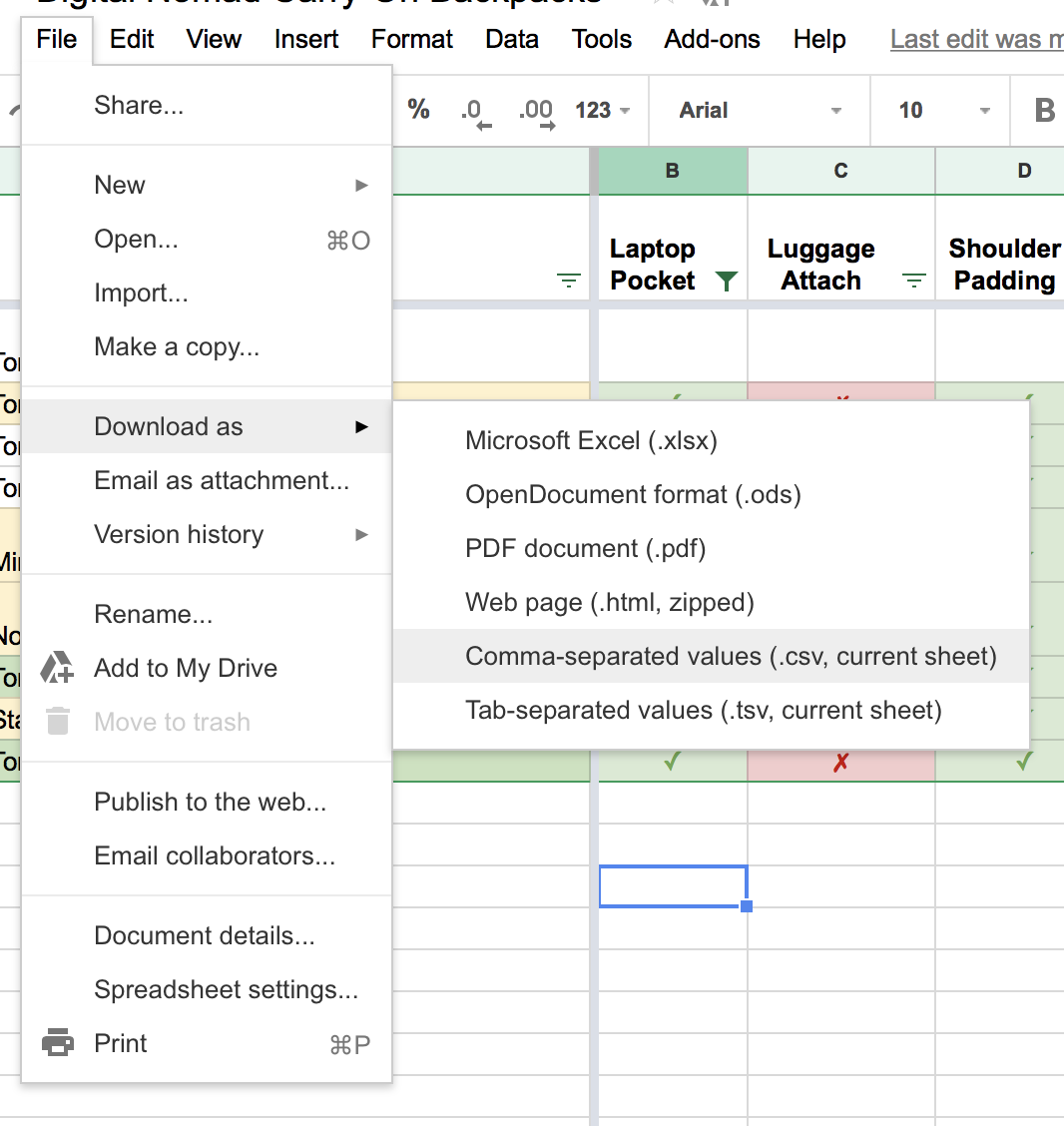 Menu in Google Sheets shows options to download as CSV, XLSX, PDF, and more. CSV is highlighted