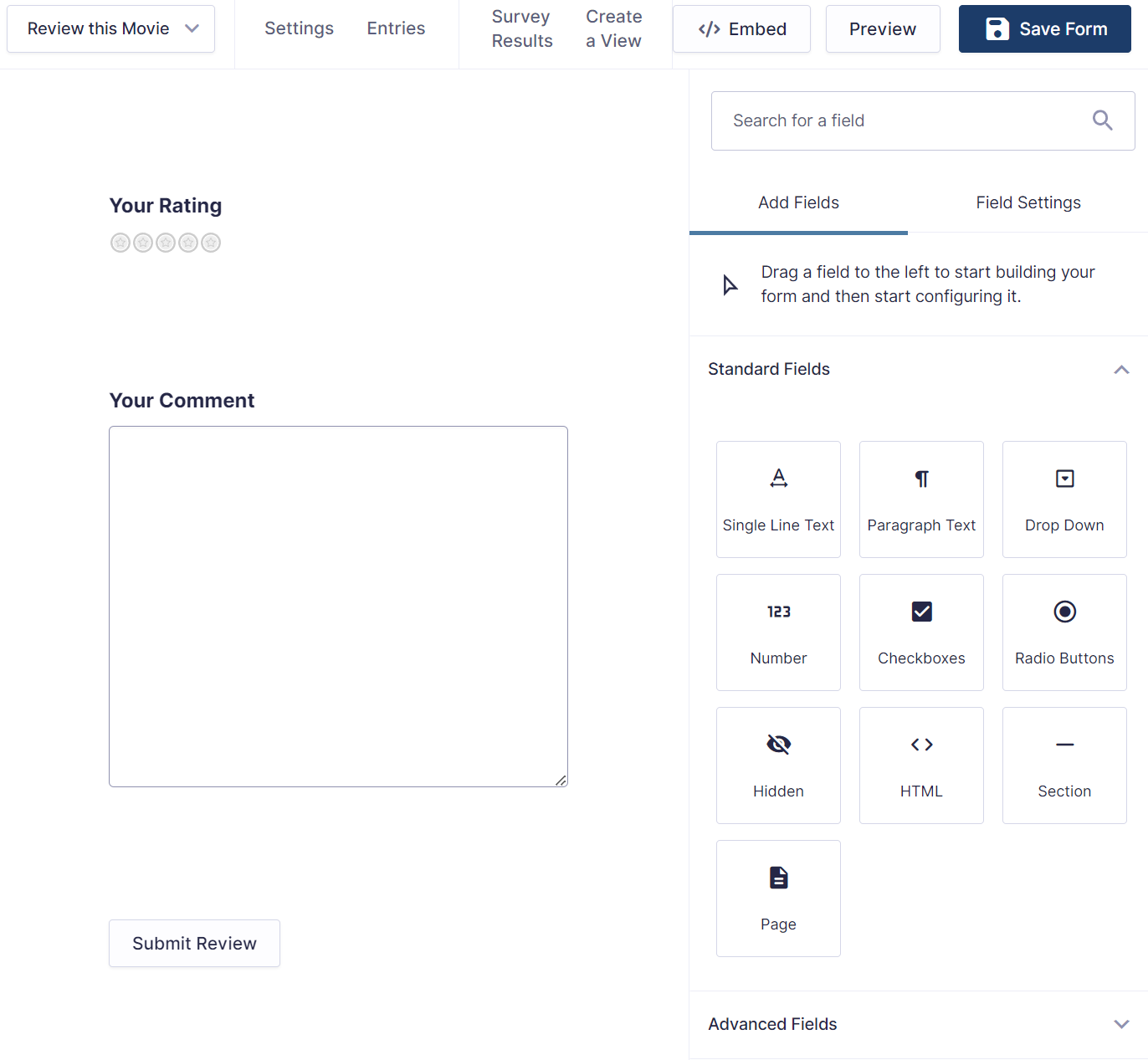 Form builder interface for rating and commenting on a movie, with field customization options
