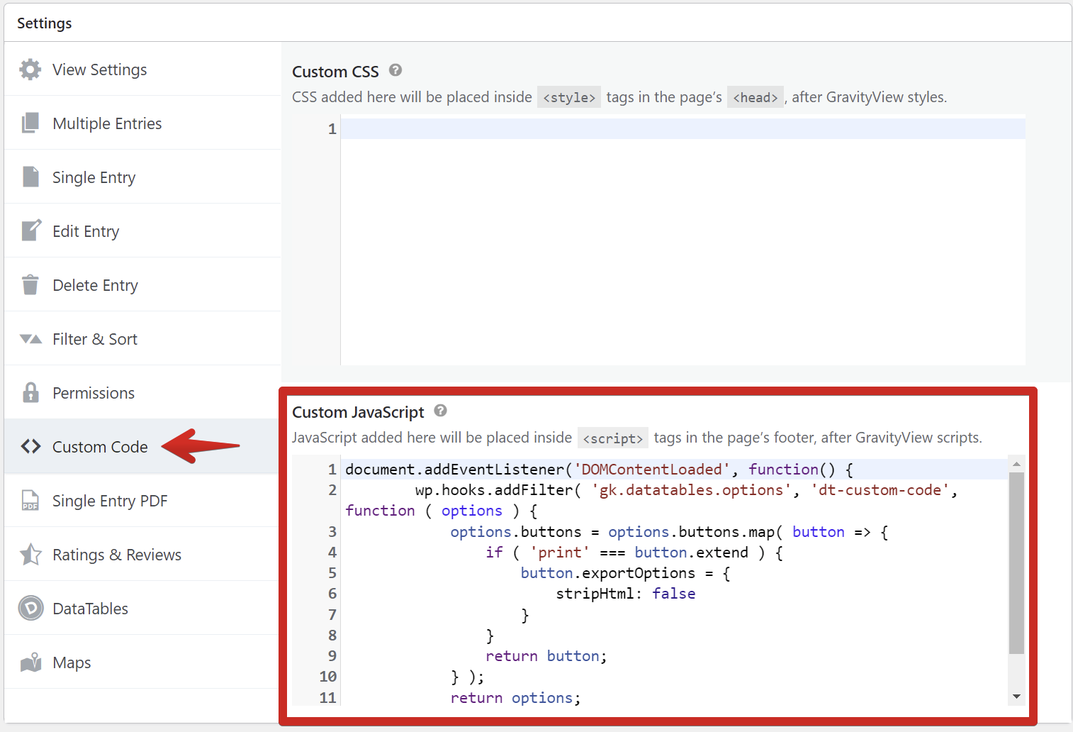 Custom JavaScript section showing code to modify DataTables print options in GravityView settings
