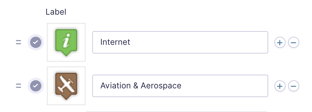 Map pin icons assigned to "Internet" and "Aviation & Aerospace" labels