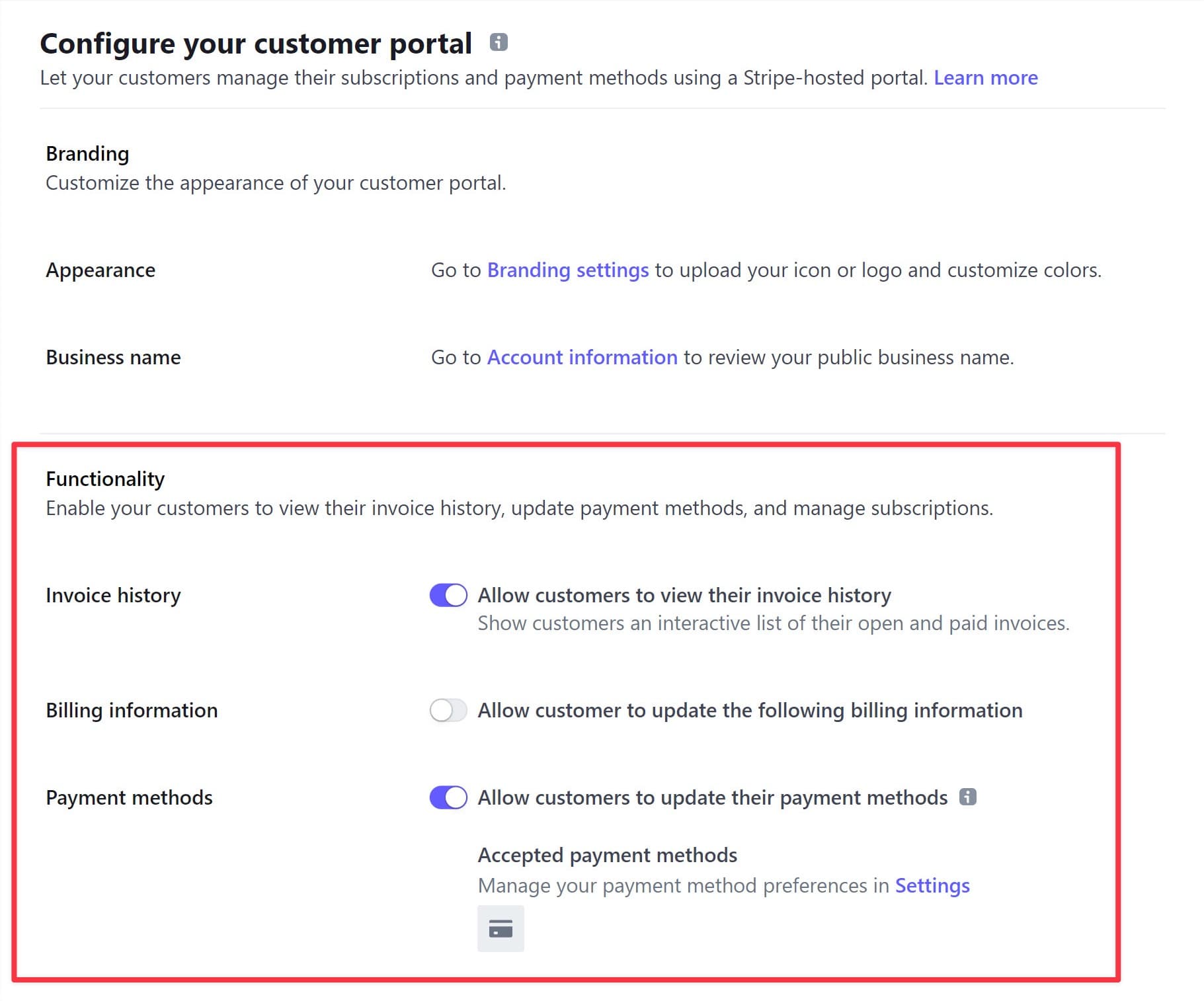 Configure Stripe customer portal: set branding, manage invoice history, billing, and payment methods