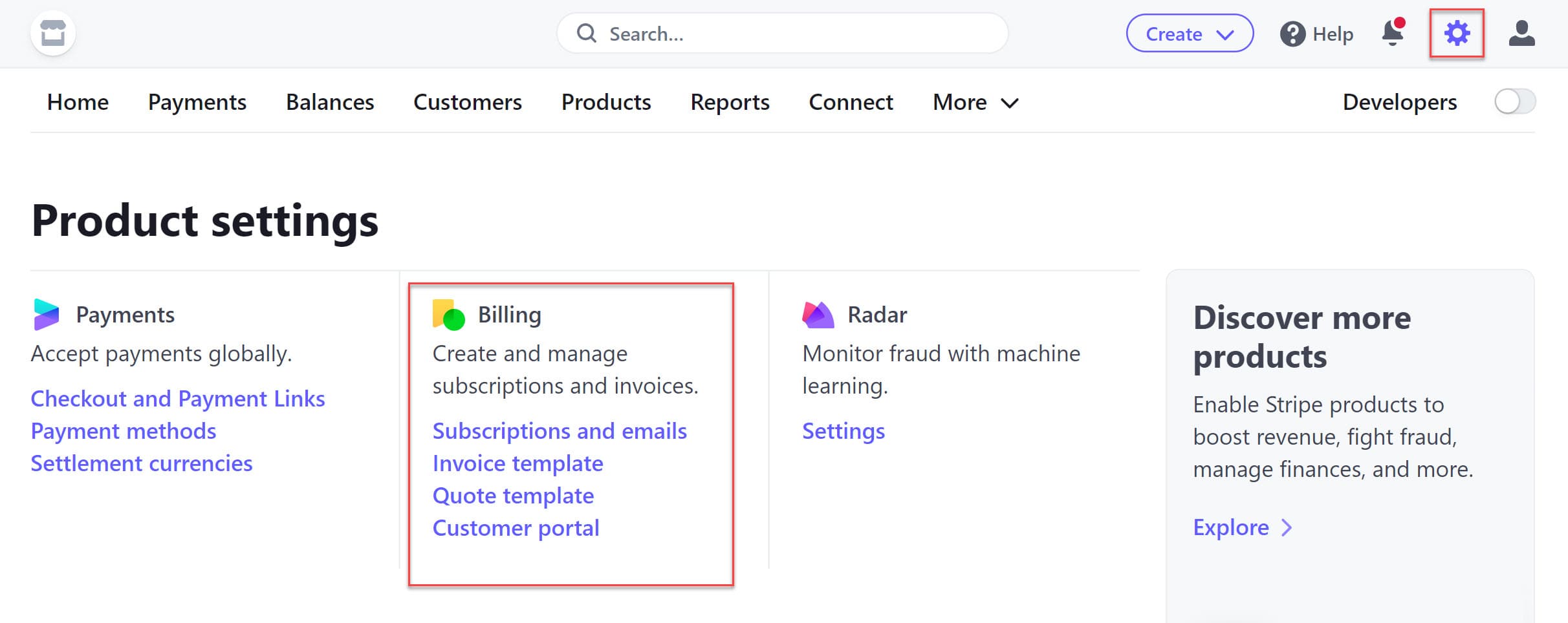 Stripe Billing section with links to manage subscriptions, emails, and access the customer portal
