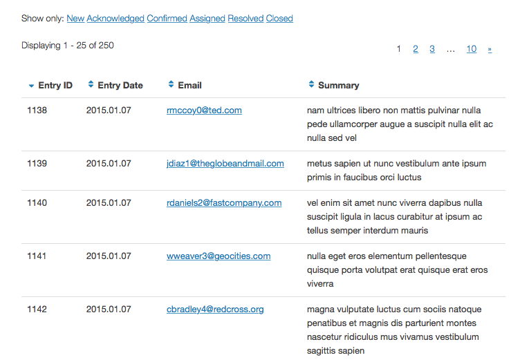 Sortable data table with columns for Entry ID, Date, Email, and Summary