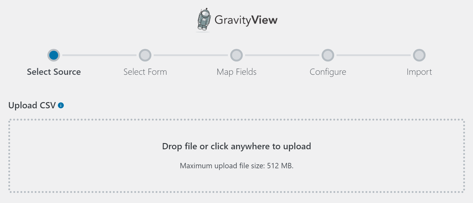 The GravityView Import Entries screen where you upload your CSV file