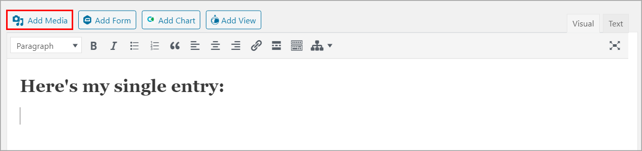 Add Media button highlighted for embedding in a WordPress post editor