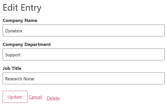 Edit Entry screen with fields for Company Name, Department, Job Title, and buttons for Update, Cancel, Delete