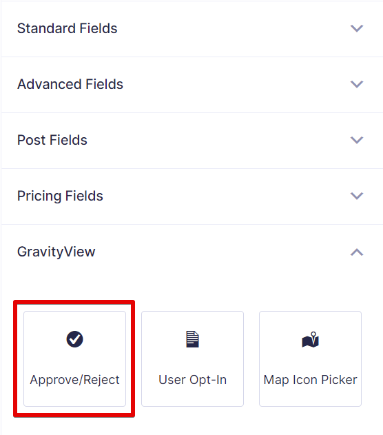 GravityView section with options: Approve/Reject, User Opt-In, Map Icon Picker
