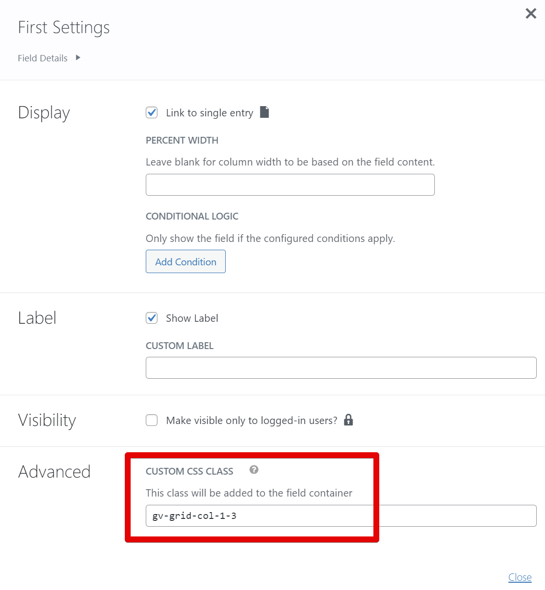 Custom CSS class input field in form settings, allowing styling for field containers