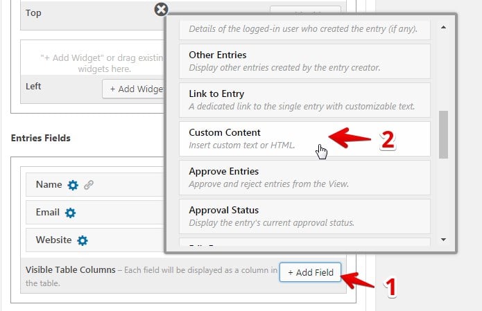 Add Field dialog showing option to insert Custom Content for aligning fields side-by-side