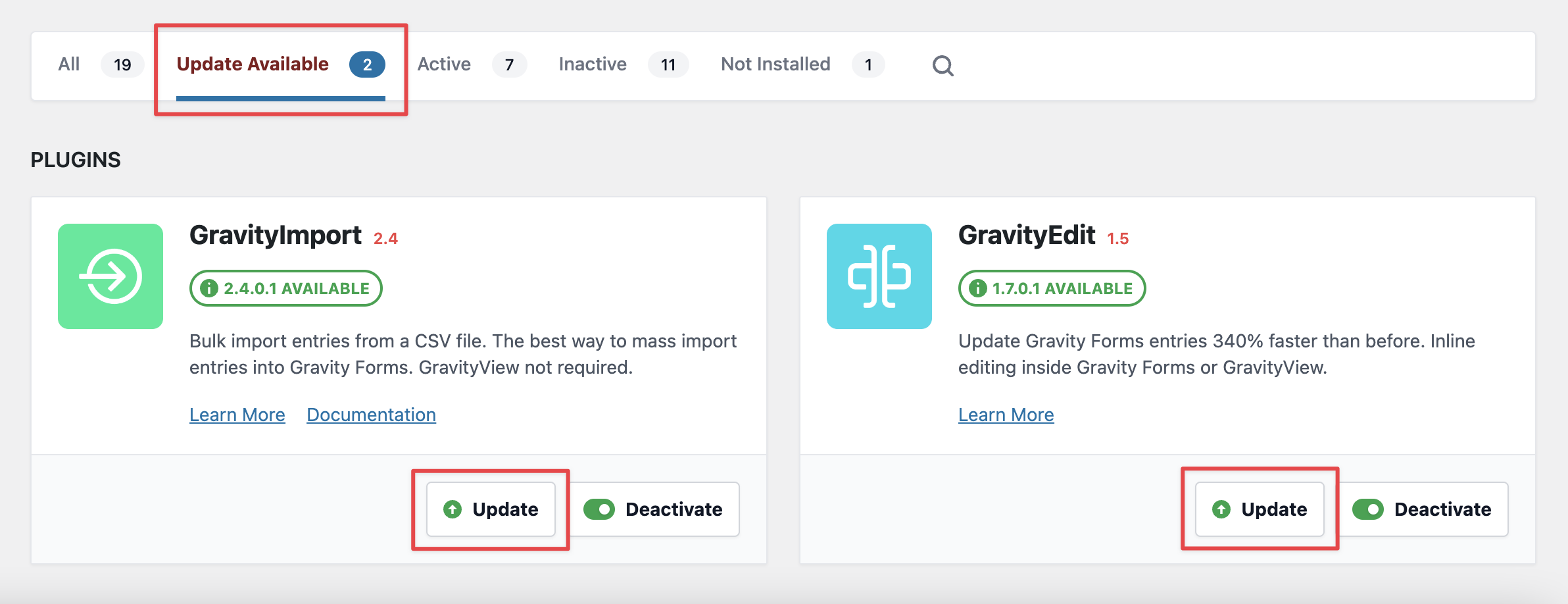 Options to update or deactivate GravityKit plugins GravityImport and GravityEdit