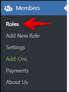 Sidebar menu with Members section; arrow points to Roles option for creating a new role