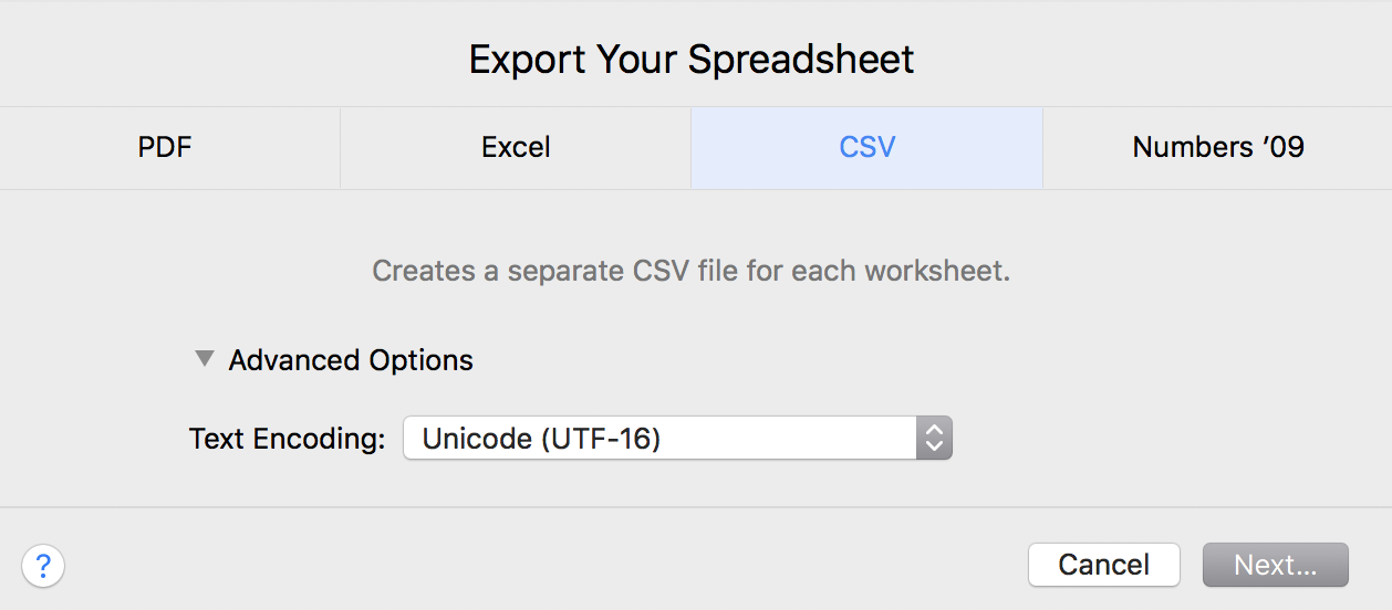 Export CSV from Apple Numbers with options for PDF, Excel, Numbers. Text encoding set to Unicode (UTF-16)