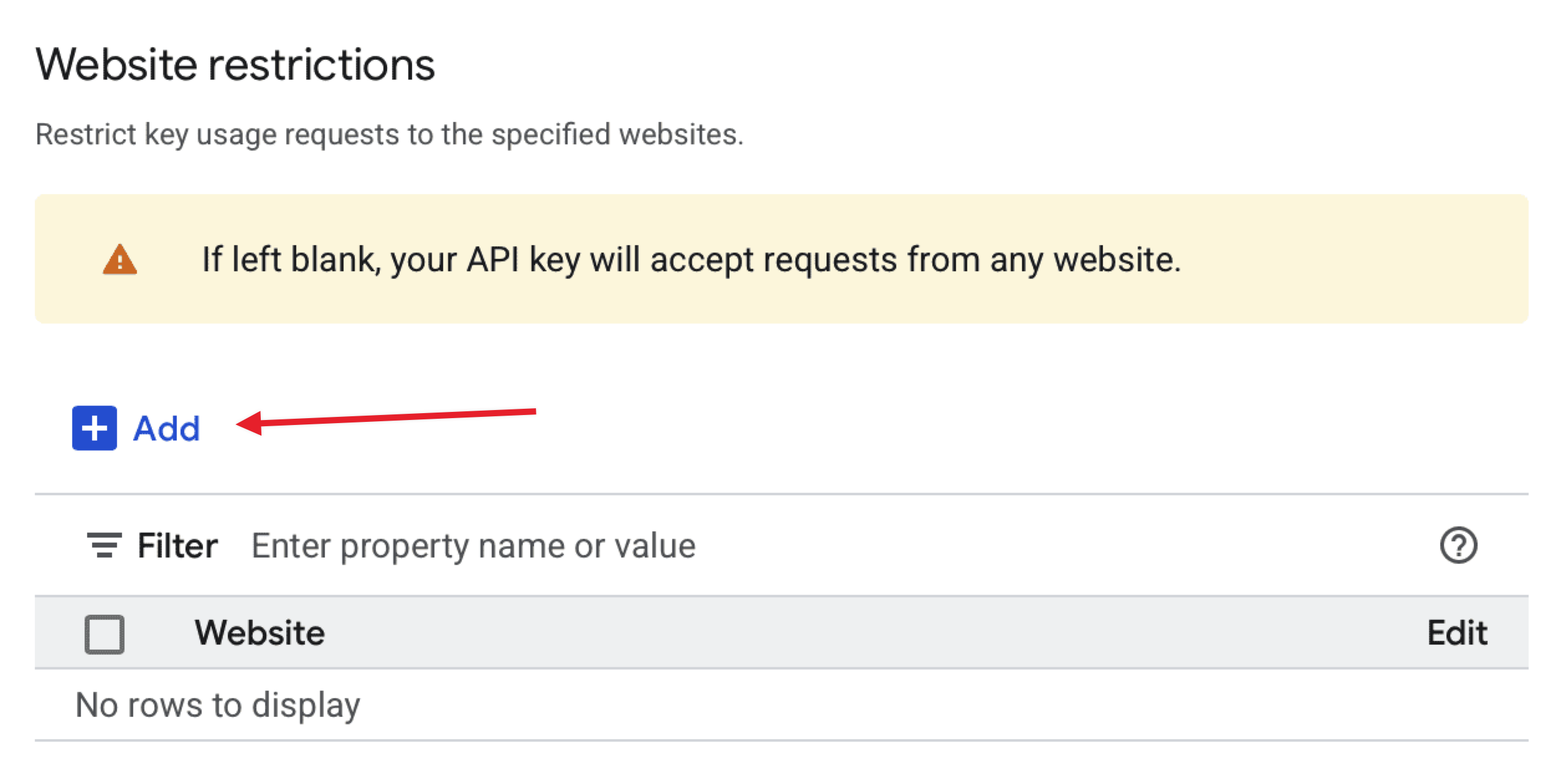 Website restrictions section showing how to add site restrictions for an API key